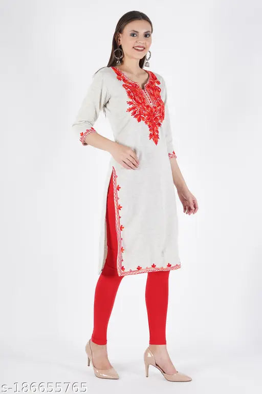 OFF Wwool kurti/winter kurta/woolen kurta for womenHITE WOOLLEN EMBRODRIED AARI WORK KURTI FOR WOMENN