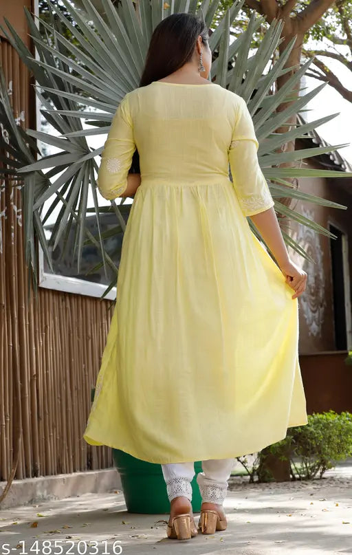 lemon yellow floral embroiderd kurti