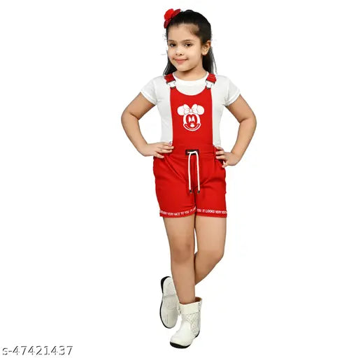 Cute Comfy Kids Trendy Girls Pretty Stylish Latest Fashionable Red Dungaree 1 Half Sleeve White T Shirt & 1 Mickey Mouse Printed Red Dungaree Cotton Blend Frocks & Dresses 1-2 Years, 2-3 Years, 3-4 Years, 4-5 Years & 5-6 Years