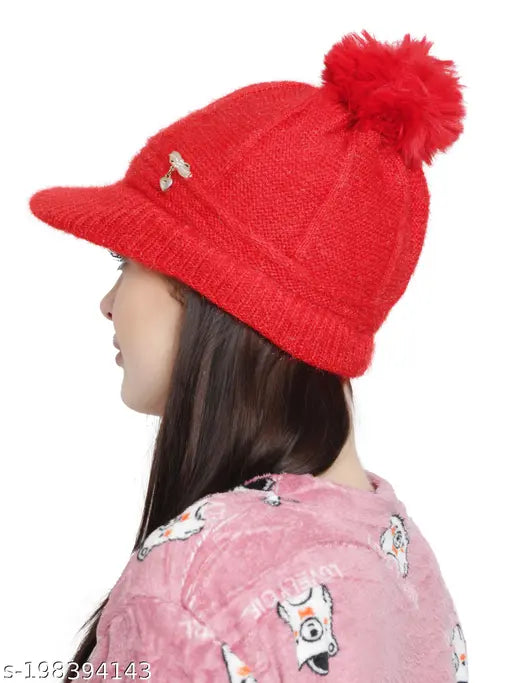 Pollo Loco Women & Girl's Warm Wool Knit Skull Pompom Cap/Hat Red