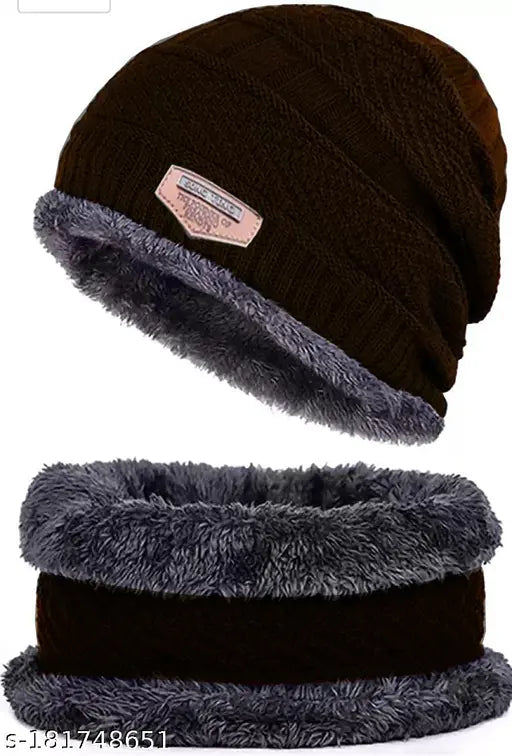 Cool Indian Woolen Winter Cap for Women with Neck Muffler Warn Soft for Snow | Knit Beanie Cap Hat Neck Warmer Scarf Set for Women (2 Piece Set)