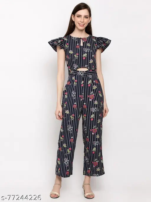 Slenor Women's Floral Keyhole Neck Navy Blue Jumpsuits