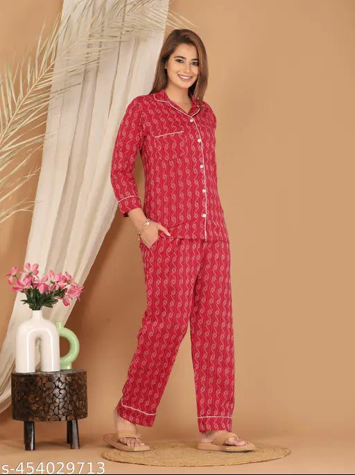 Sakshi Fashion Cotton Printed Red Night Suit for Women – Comfortable Top & Pyjama Set | Red Night Suit | Women's Night Wear | Cotton Night Suit | Women’s Pyjama Set | Printed Nightwear | Soft Fabric Night Suit