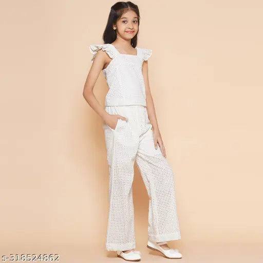 Jakanary White Cotton Schiffli Embroidered Cuff Sleeve Top and Elasticated Pant Girls Set