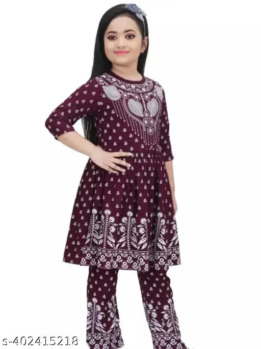 Fancy party/Festive Wear Three Quarter Sleeves Round Neck Cotton Blend Naira Cut Top & Bottom Set For Beautiful Kids Girls(Maroon)