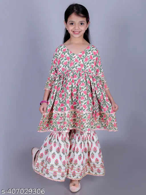 FabJunior Girls Multicolor Cotton Floral Print Anarkali/Flared Kurta & Sharara Set