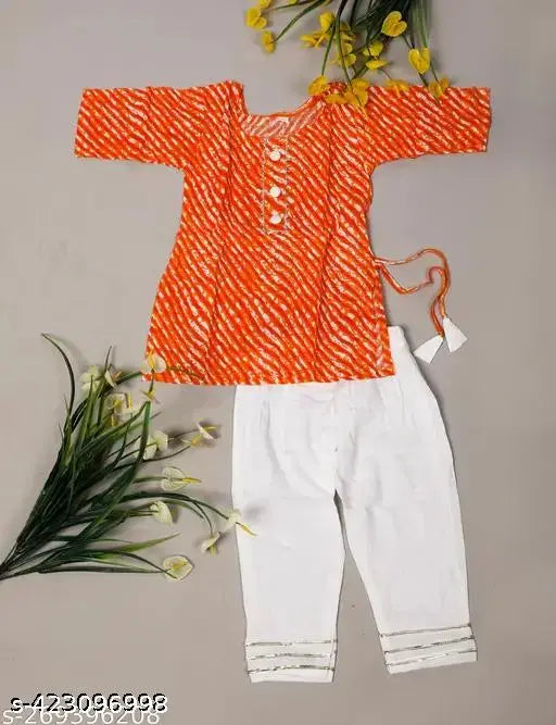 Little Dream Beautiful Partywear Pure Cotton Fabric Lehreya Kurti with Pant Set for Baby Girl