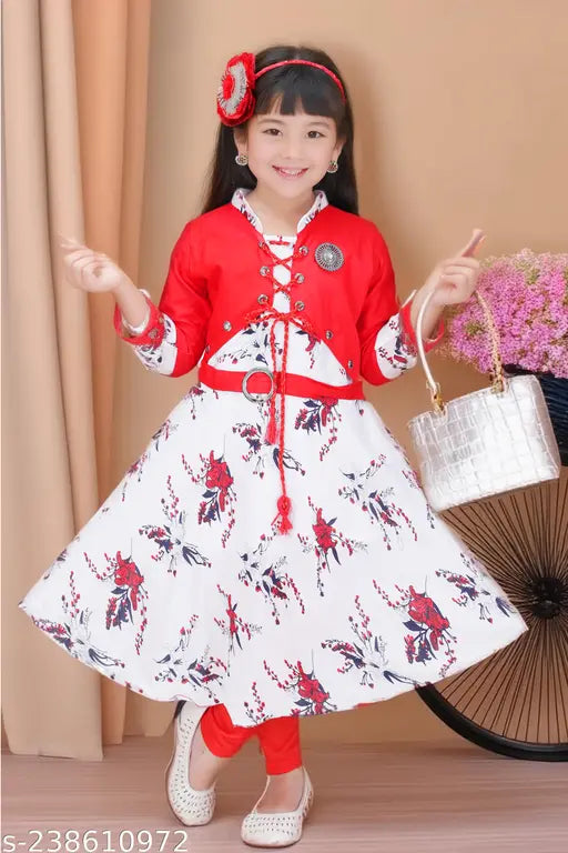 Girls Cotton Rayon Frocks & Dresses with Leggings Set - Red Color