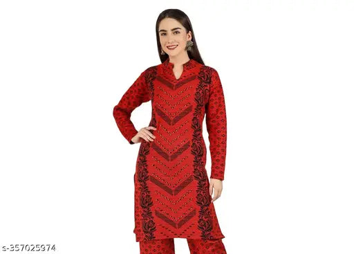 Elegance in Every Stitch: Gorgeous Women's Printed Woolen A-line Kurta