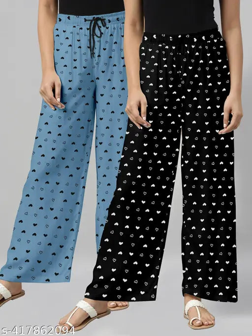 Women Royalblue/Black Pack Of 2 Printed Pure Cotton Pyjamas.Combo Pack Of 2