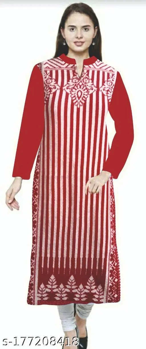 Stylish Women's Red A.Line Woollen Computer Jacquard designed Kurti.