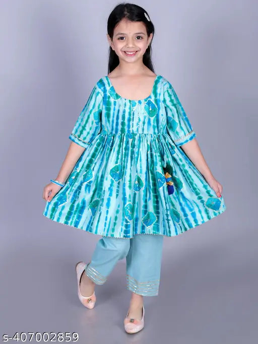 FabJunior Girls Green Cotton Tie-Dye, Golden Foil Print Anarkali/Flared Kurta & Pant Set