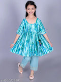 FabJunior Girls Green Cotton Tie-Dye, Golden Foil Print Anarkali/Flared Kurta & Pant Set