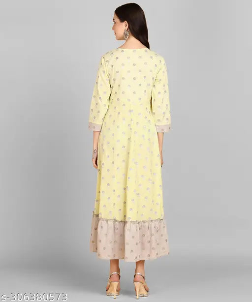 Adhisa Women's Polyester Cotton Printed A-Line Kurta (Light Yellow)