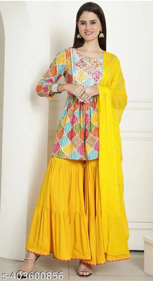 Kamayra Bandhani Print Kurta with Sharara & Dupatta