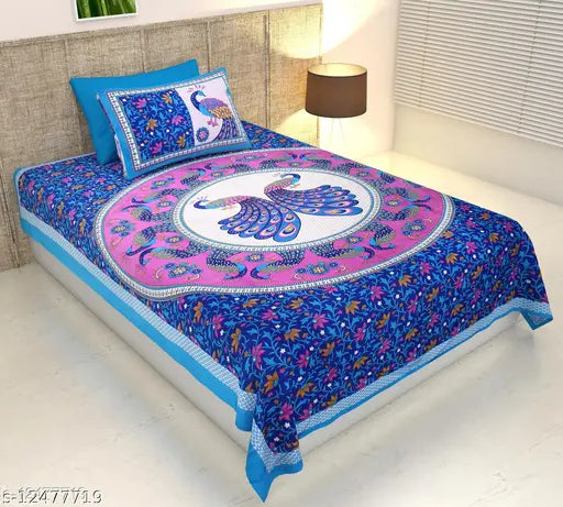 Monik Handicrafts®Comfort Rajasthani Jaipuri Traditional Sanganeri Print 140 TC 100% Cotton Single Bedsheet with 1 Pillow Cover