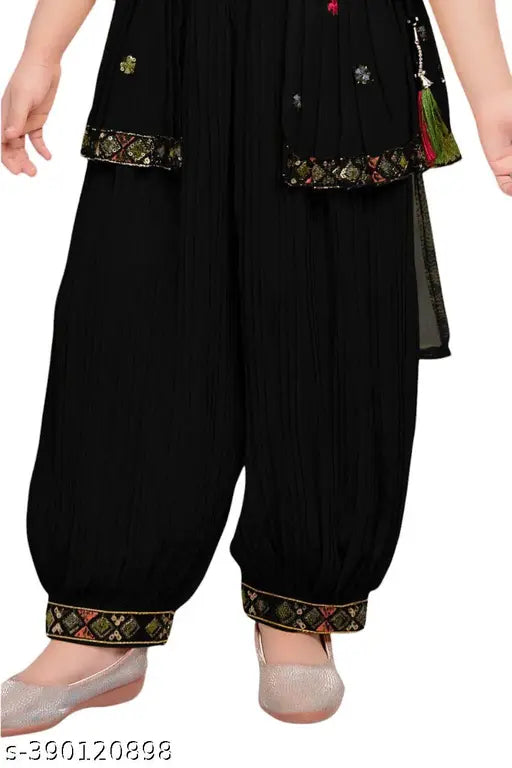 "BLACK SEQUINS AND MULTICOLOR THREAD WORK PEPLUM TOP AND AFGHANI SET FOR GIRLS"