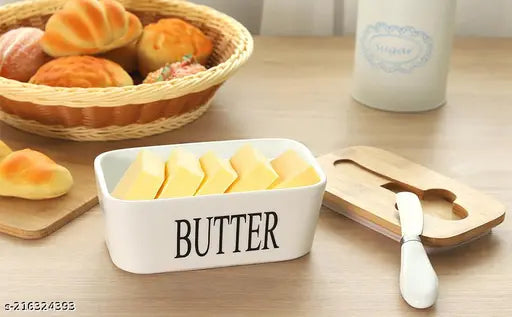 Ceramic Butter Dish with Wooden Lid, Lesige Large Butter Container Keeper Storage Plate with Steal Butter Knife, Bamboo Cover and Silicone Sealing Ring for West East Coast Butter, White