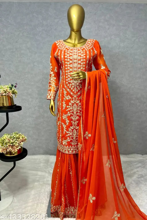 NEW FANCY HEAVY EMBROIDERY 3 PIECE KURTI WITH SHARARA AND DUPATTA