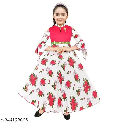 PROMISE KID Girl's | A-Line Maxi Gown | Printed Full Length Frock Dress | Girls Dress