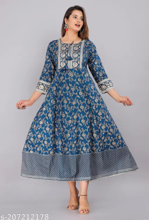 Women's fashion Rayon printed blue Anarkali kurta/Gown Kurtis