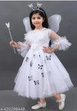 Girls Bell Sleeve Net Fit & Flare Party Dress with hair band , fairy wings and fairy stick (WHITE)