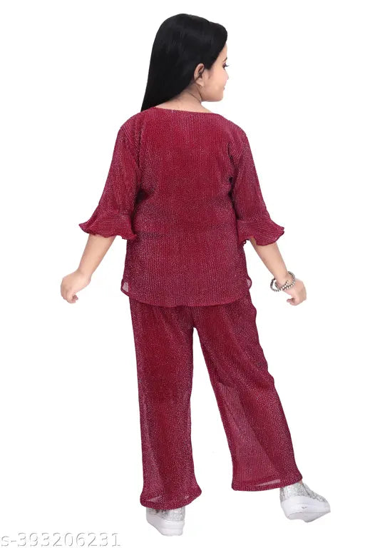 Girls Party(Festive) Top Pyjama | Kids Girls Stylish Modern Kurta Palazzo Set Maroon