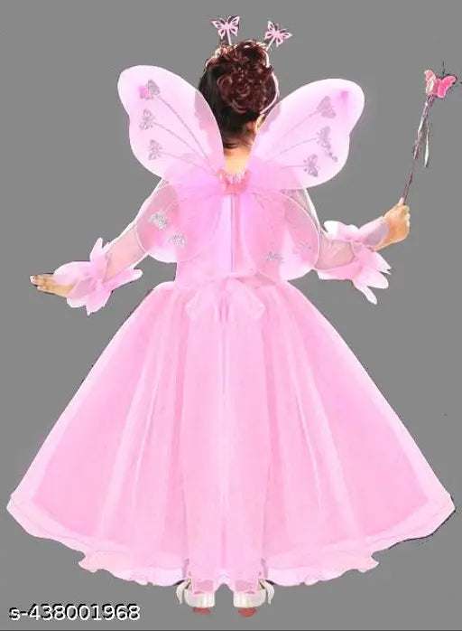 Stylish Pari Dress/Frock with Wings/Hair Band/Stick Fairy for Girl (Pink)