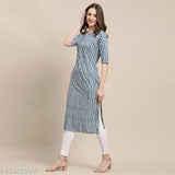 Stylish Women's Crepe White & Blue Color Zig Zag Printed Straight Kurti