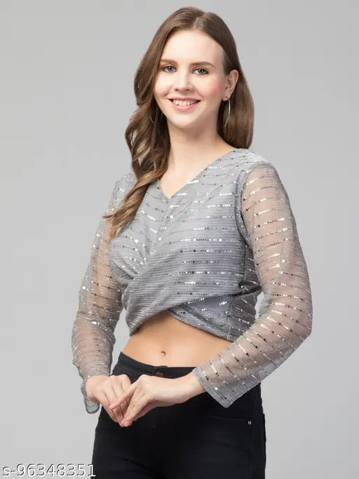 Women Girls Knot Style Tinsel Bling Party Top