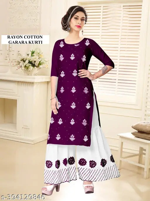 Purple color Kurti Sharara Set A-Line Fit Kurti |Calf-Length Kurti White Sharara Bottoms Round Neck Three-Quarter Sleeves | Stitched Set Girls and Women's Wear |