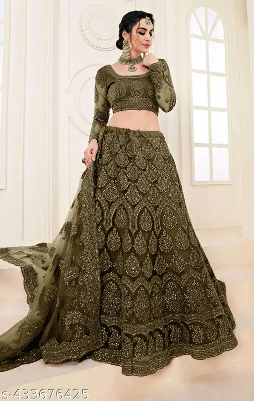 ELITEVIBE Women"s Chain Embroidrey Free Size Lahenga Choli Up To 2XL.