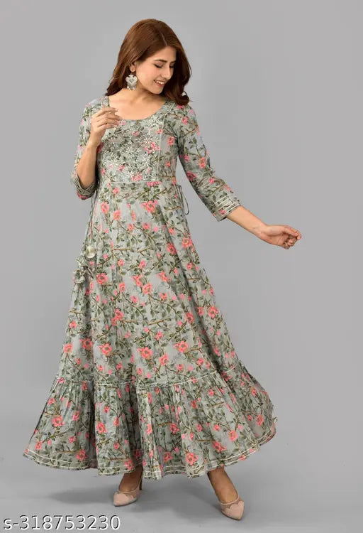 Women's Latest Design Embroidered Printed Anarkali Kurta Deep Neck