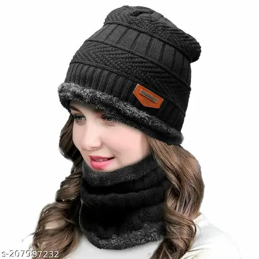 Beanie Cap for Men's and Women Ultra Soft Unisex Woolen Cap in Side Fur Unique Design Beanie Cap Set Pack of 1