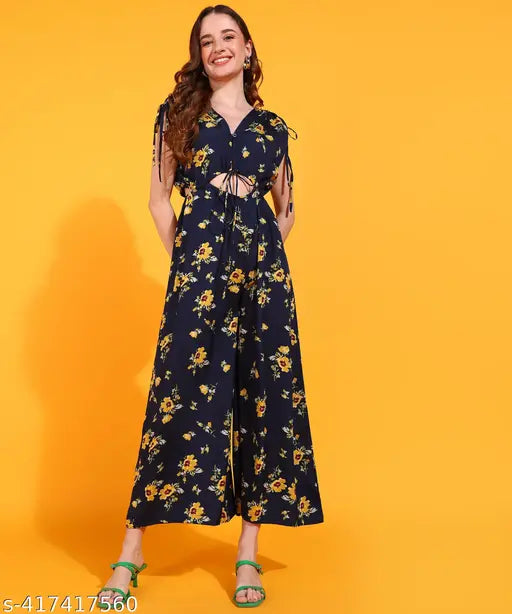 Fashfun Women's Navy Blue Floral Printed Jumpsuit With Waist Tie-up