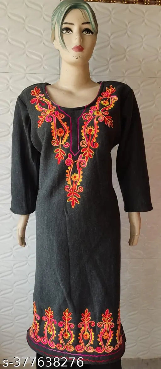 women's woolen aari thread work on neck and border in BLACK colour.