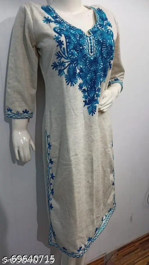 Camellias Stylish Light Grey Over Blue Embroidered Woolen Kurti for Women