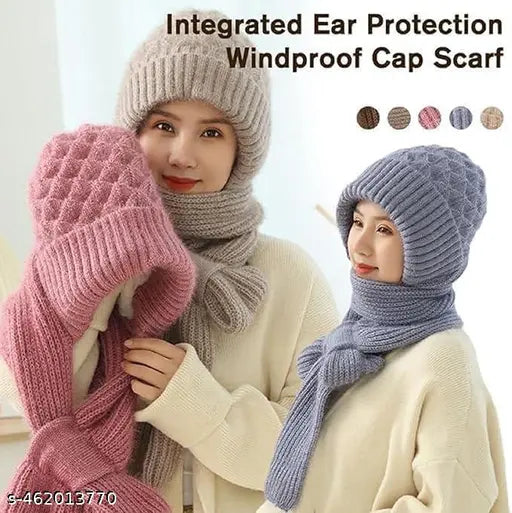 Winter Cap for Women Woolen Cap with Mufflers for Women, 2 in 1 winter scarf Knitted Woolen Muffler for Women & Girls Muffler Woolen Cap, Stylish Woolen Caps for Women Winter Wear Scarf Multicolor