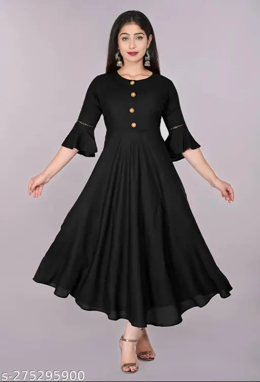 Amazing Latest Fashion Women's Solid Round Flared Bell Sleeves Kurti (Black)