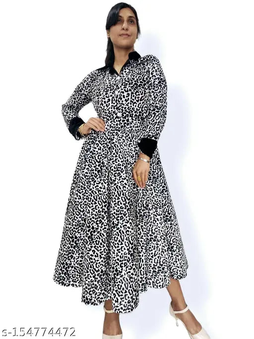 Women Animal Print Valvet Kurti Gown