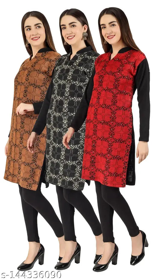 CHRISTY'S COLLECTION Women's Full Sleeve Pack Of 3 Woolen Kurta (COMBO OFFER)