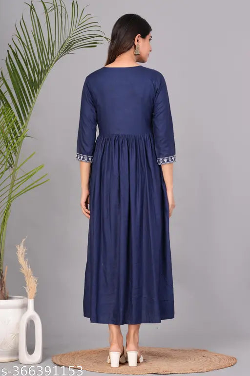 Women Embroidered Flared Kurta (blue)