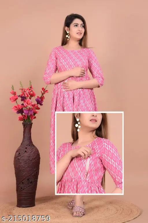 Beautiful Pink Cotton Anarkali Maternity/Feeding Kurti