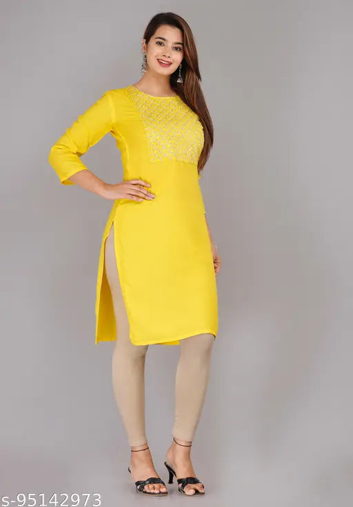 JD YELLOW COLOUR STRAIGHT EMBROIDERED KURTI