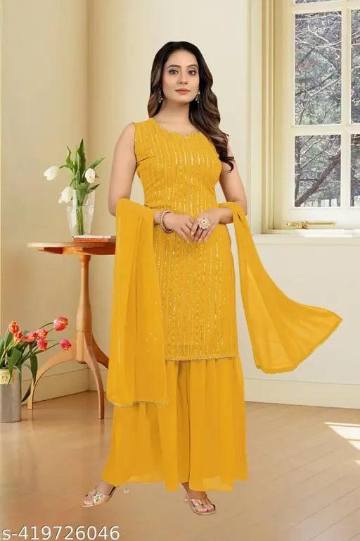 Trendy Women Faux Georgette With Embrodery Seqance Work Kurta With Sharara And Dupatta Stiched