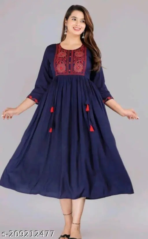 Rayon Embroiderd Navy Blue Anarkali Kurti For Women/Girls