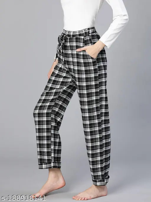 Oxolloxo Check Print Relaxed Fit Black Women Cotton Nightwear Pajama