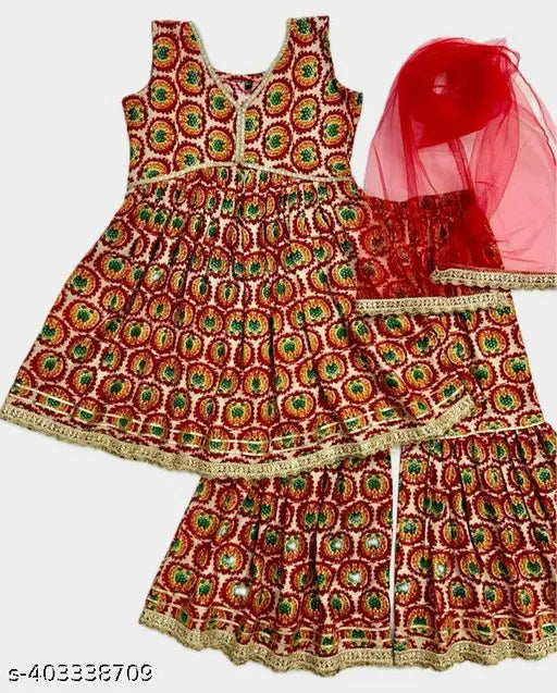 Kurti Garara Dupatta Set For Girls Red Color