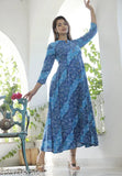 Women cotton blue bandej printed anarkali dress kurta