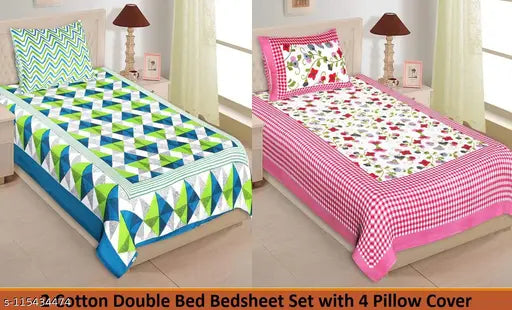 Cotton Single Bed Bed Sheet Combo Pack 2 Bedsheet with 2 Pillow Cover